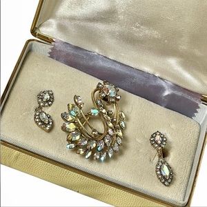 Vintage JAY FLEX Sterling AB brooch & screw back earrings Orig box 1950s